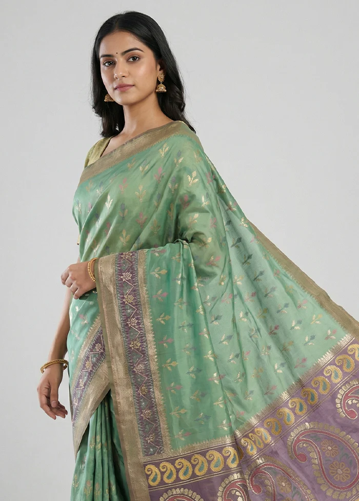 Green Dupion Silk Saree With Blouse Piece - Image 2