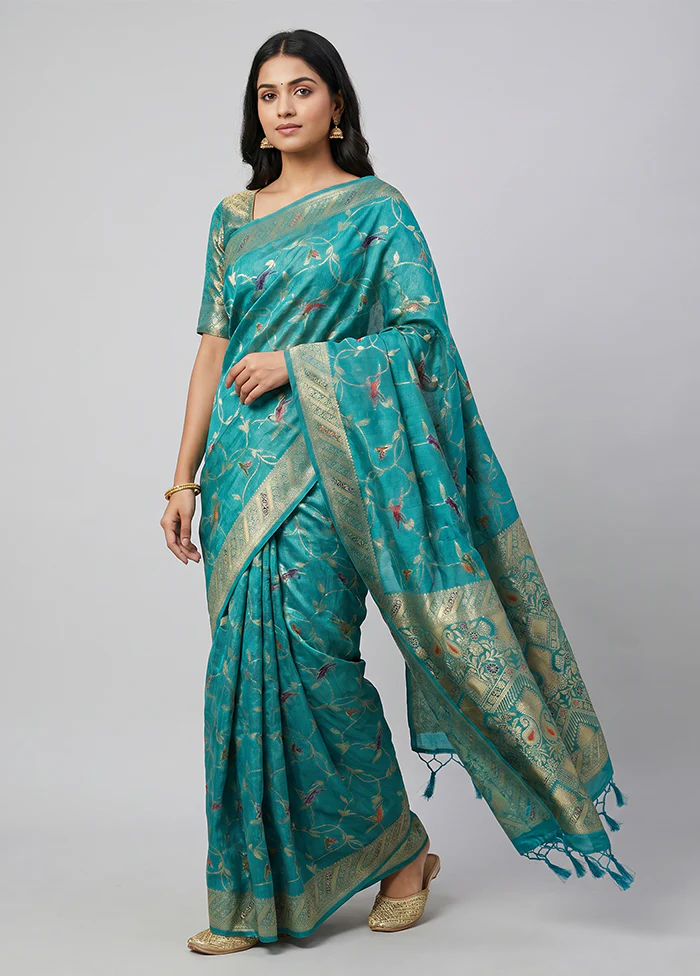 Green Dupion Silk Saree With Blouse Piece