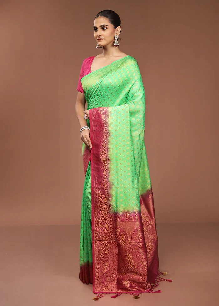 Green Dupion Silk Saree With Blouse Piece - Image 4