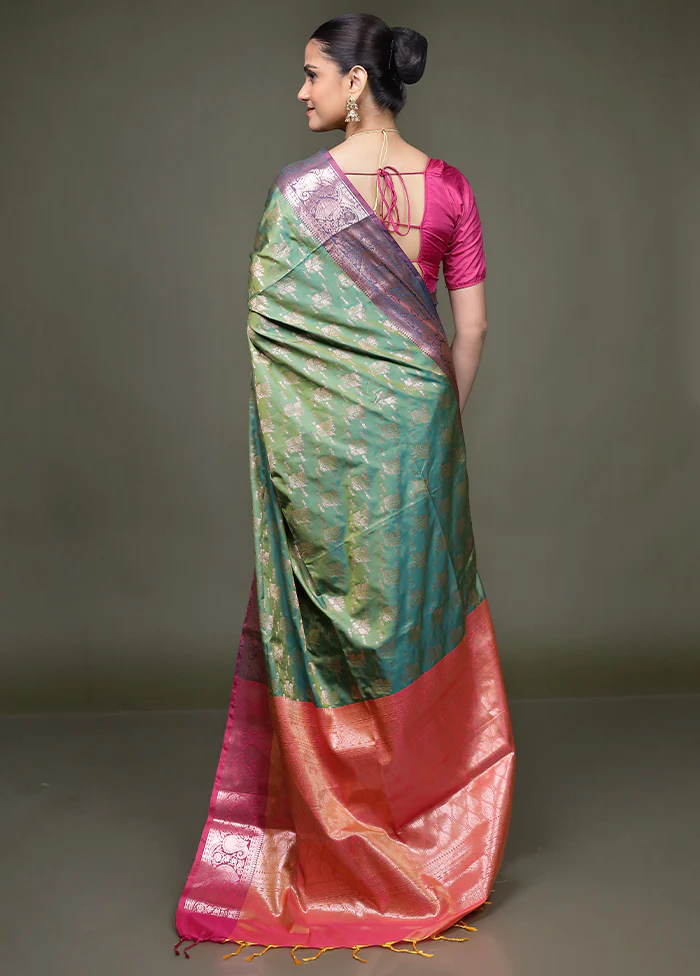 Green Dupion Silk Saree With Blouse Piece - Image 3