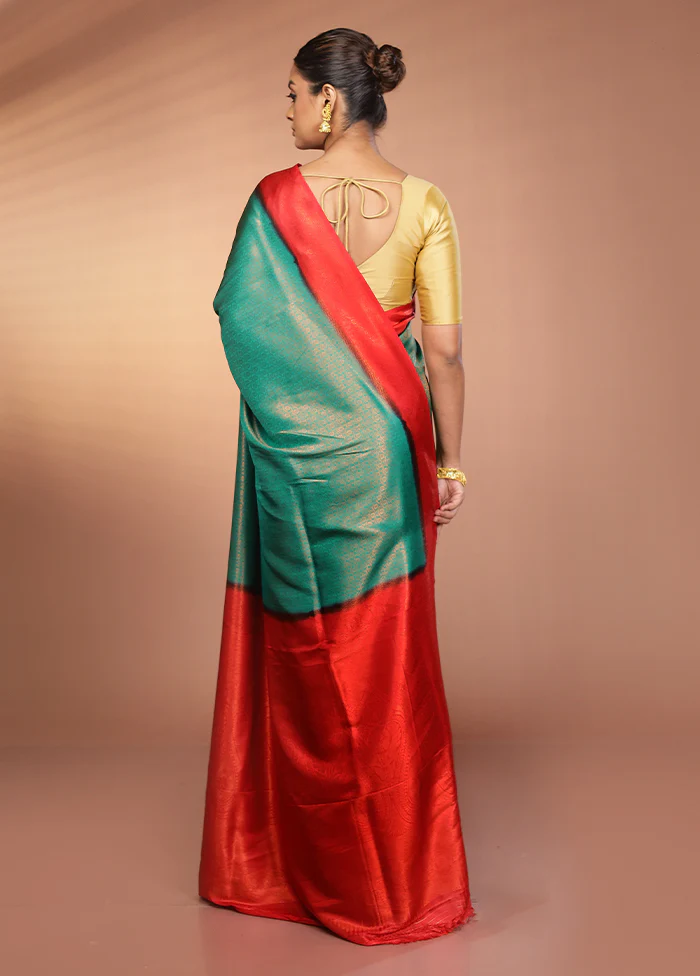 Green Dupion Silk Saree With Blouse Piece - Image 3
