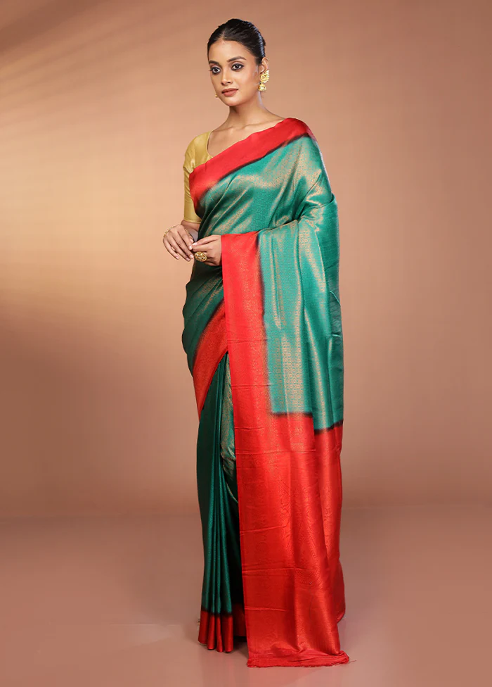 Green Dupion Silk Saree With Blouse Piece - Image 4