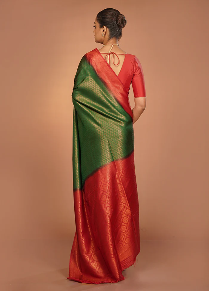 Green Dupion Silk Saree With Blouse Piece - Image 3