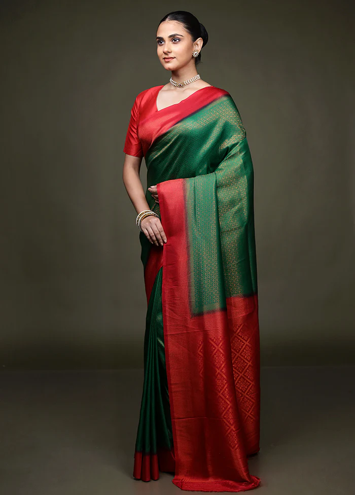 Green Dupion Silk Saree With Blouse Piece - Image 4