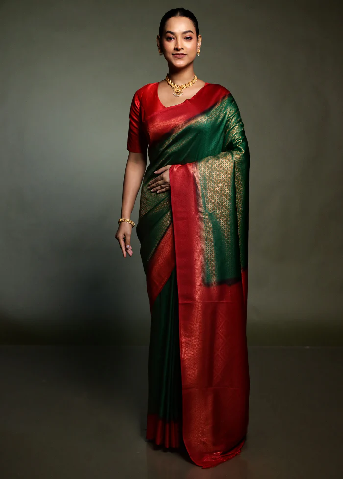 Green Dupion Silk Saree With Blouse Piece - Image 2