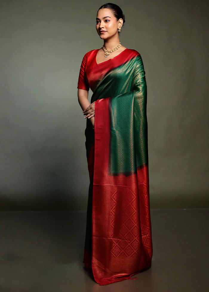 Green Dupion Silk Saree With Blouse Piece - Image 4