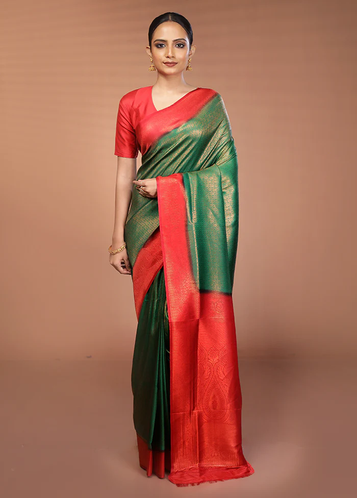 Green Dupion Silk Saree With Blouse Piece - Image 2