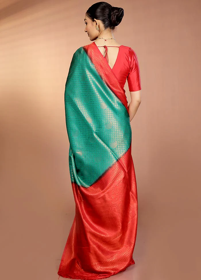 Green Dupion Silk Saree With Blouse Piece - Image 3