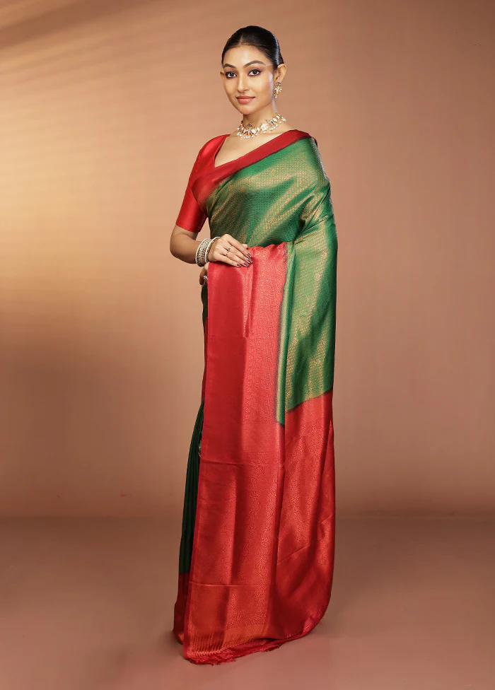 Green Dupion Silk Saree With Blouse Piece - Image 4