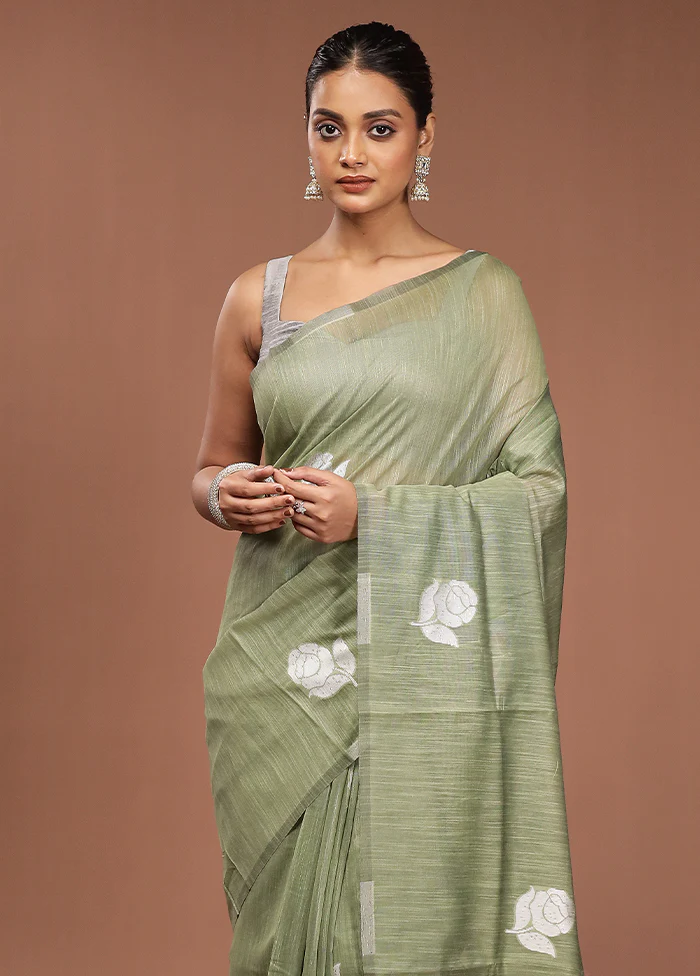 Green Dupion Silk Saree With Blouse Piece