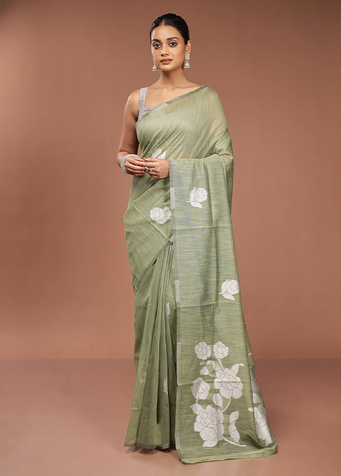 Green Dupion Silk Saree With Blouse Piece - Image 2