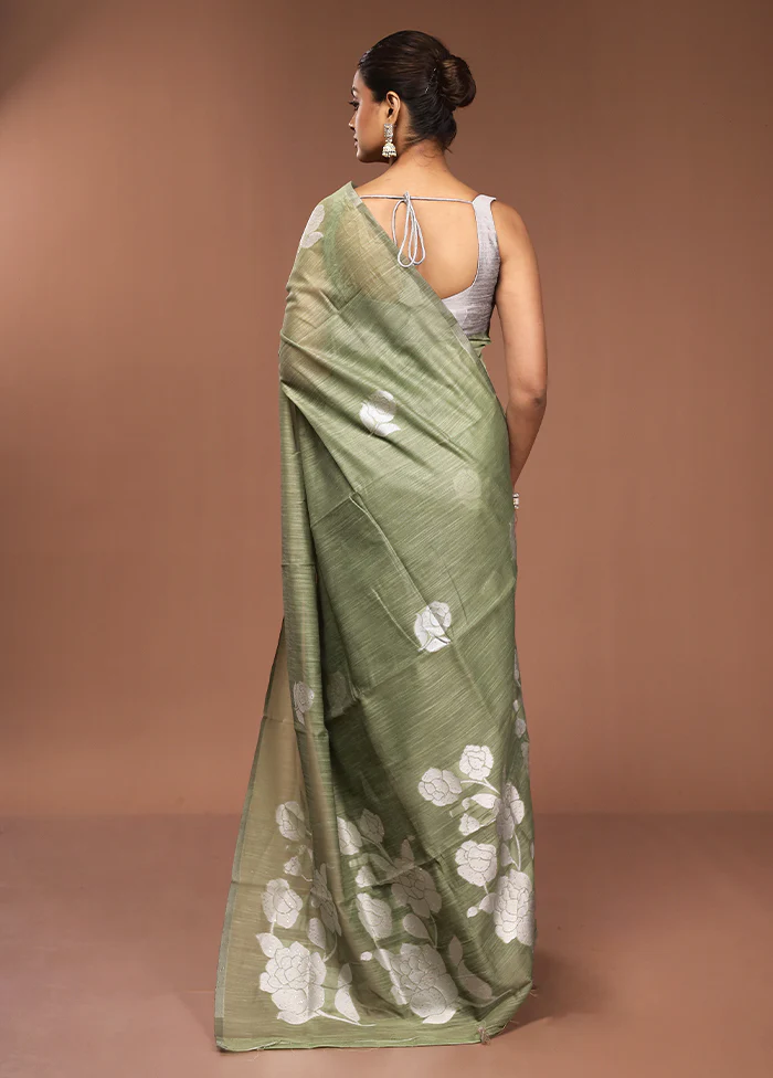 Green Dupion Silk Saree With Blouse Piece - Image 3