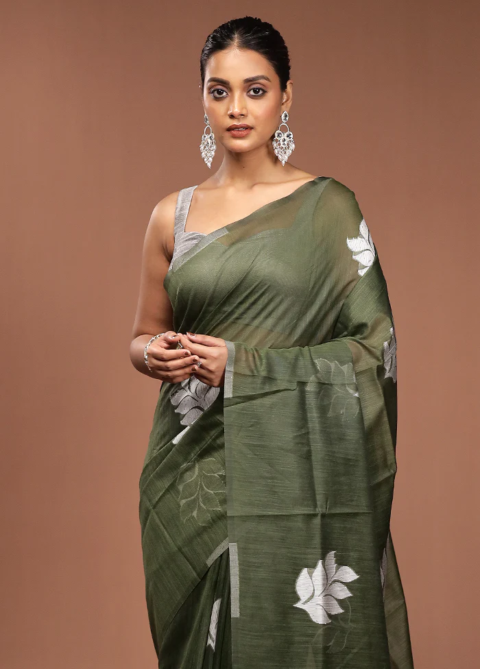 Green Dupion Silk Saree With Blouse Piece