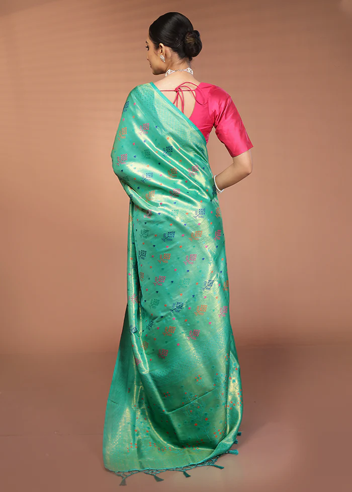 Green Dupion Silk Saree With Blouse Piece - Image 3