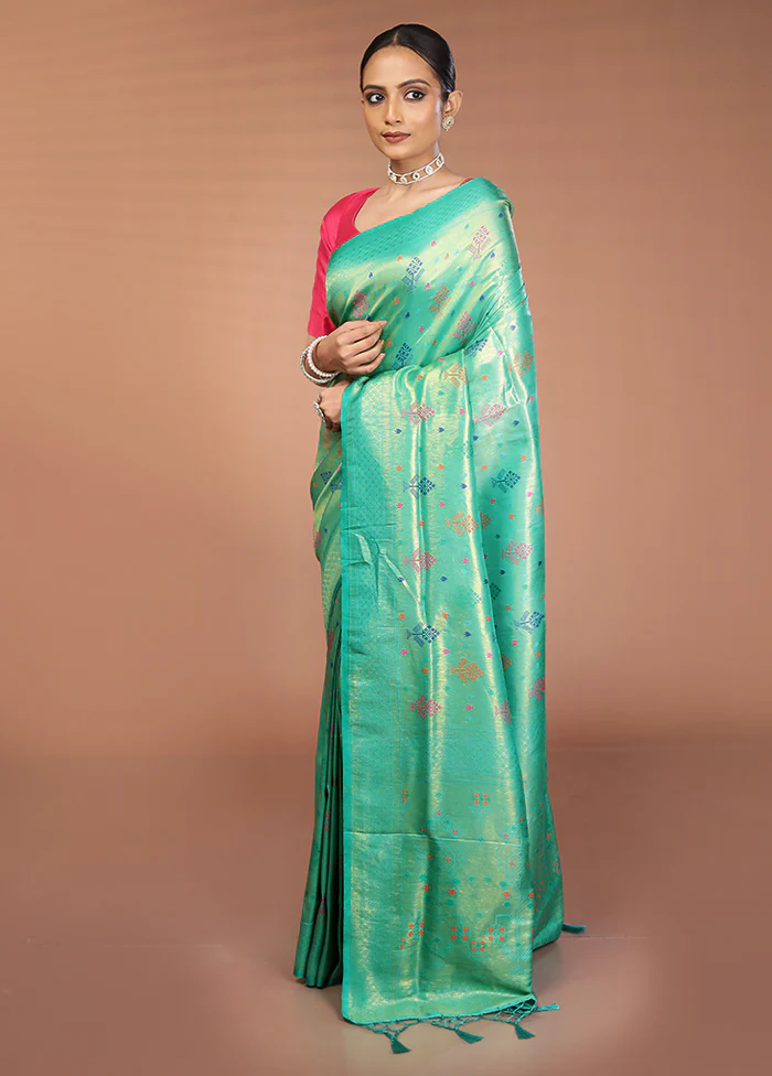 Green Dupion Silk Saree With Blouse Piece - Image 4