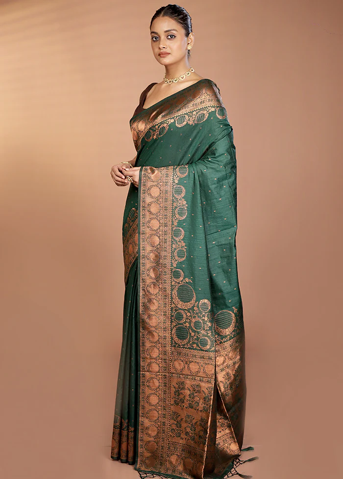 Green Dupion Silk Saree With Blouse Piece - Image 4