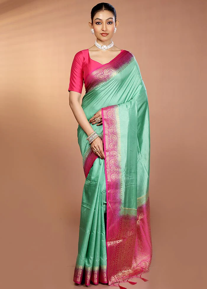 Green Dupion Silk Saree With Blouse Piece - Image 2