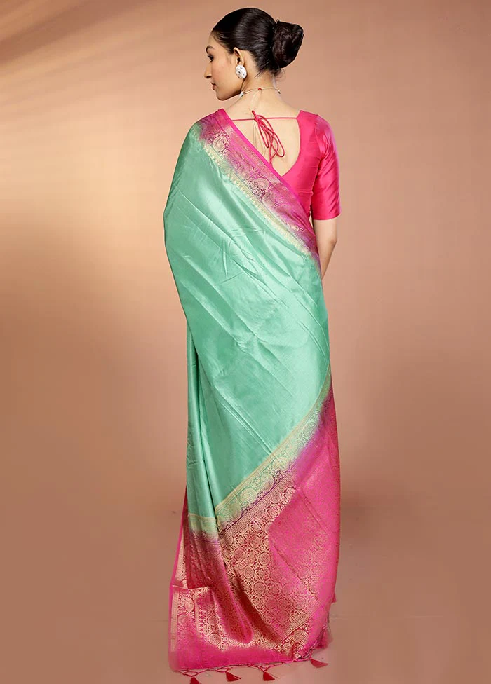 Green Dupion Silk Saree With Blouse Piece - Image 3
