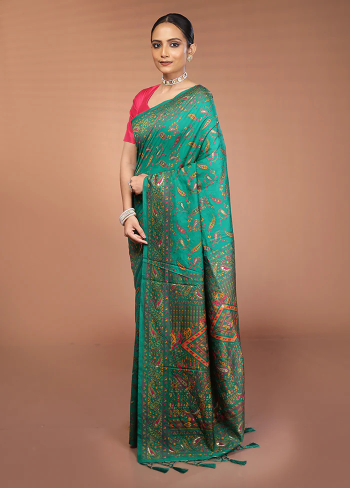 Green Dupion Silk Saree With Blouse Piece - Image 4