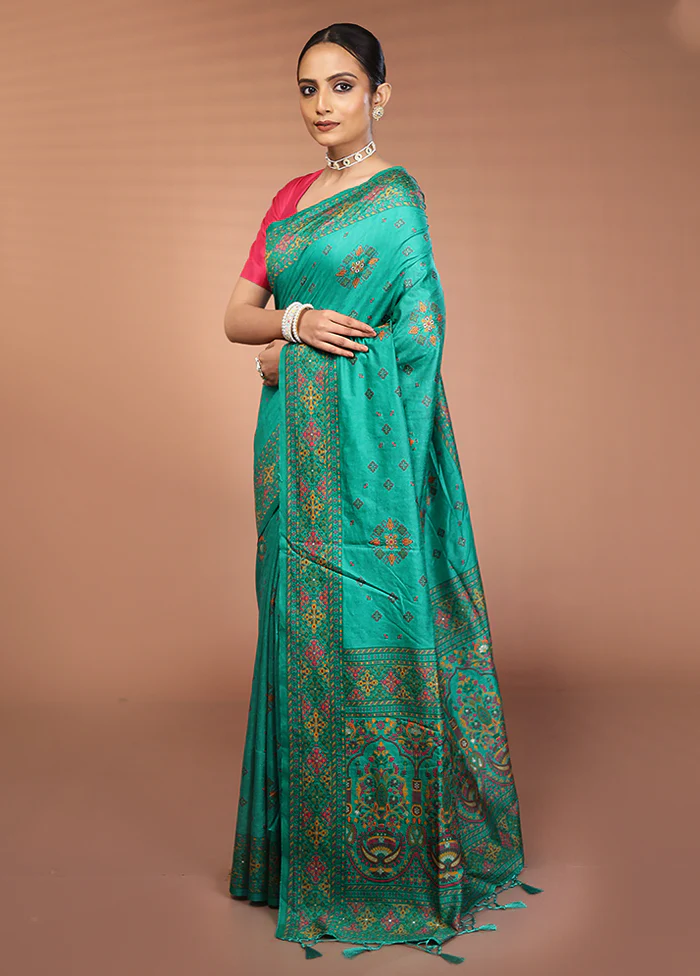 Green Dupion Silk Saree With Blouse Piece - Image 4