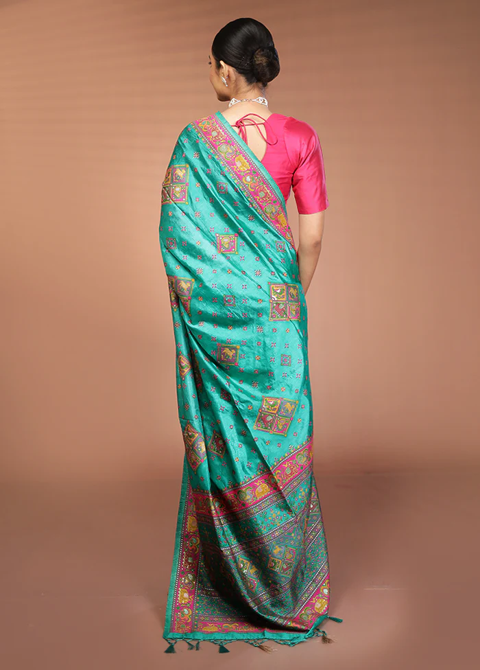 Green Dupion Silk Saree With Blouse Piece - Image 3