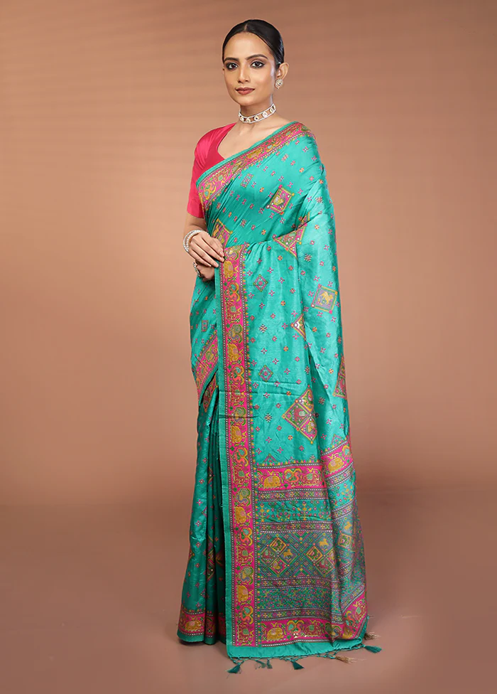 Green Dupion Silk Saree With Blouse Piece - Image 4