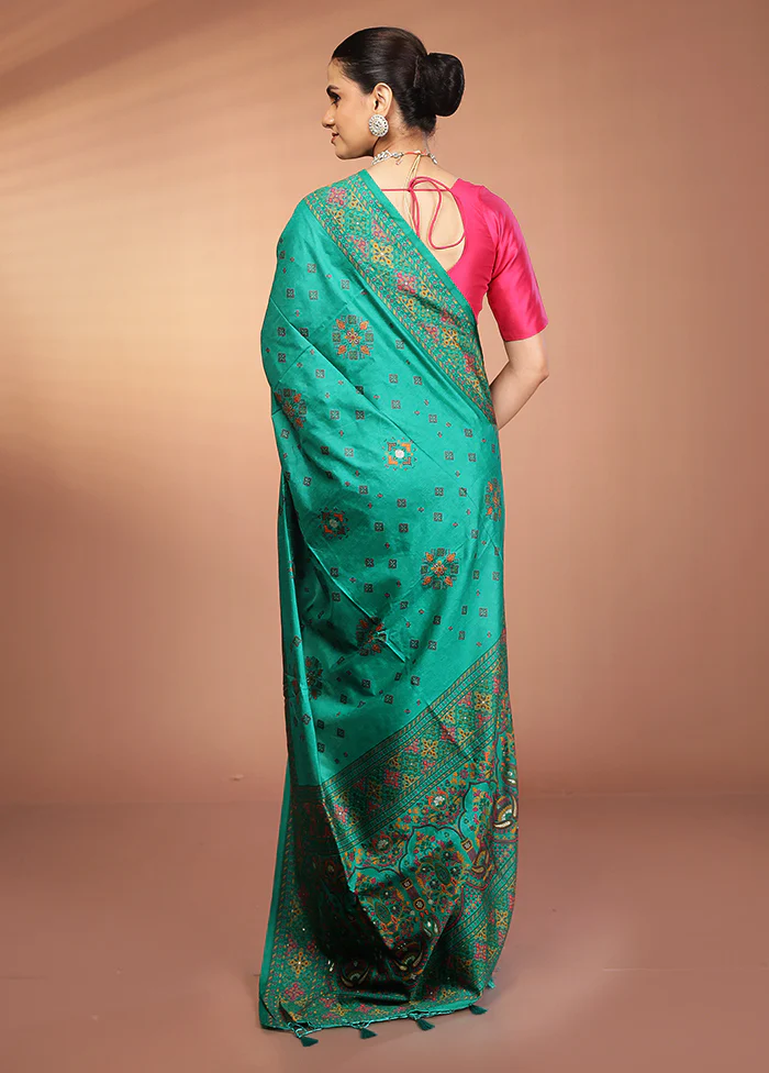 Green Dupion Silk Saree With Blouse Piece - Image 3