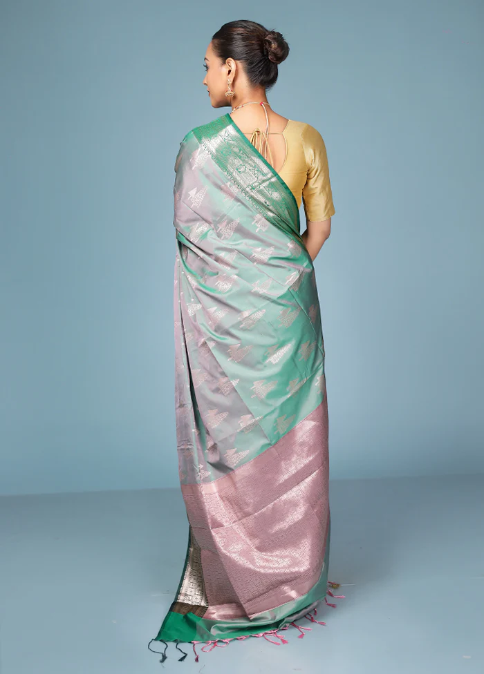 Green Dupion Silk Saree With Blouse Piece - Image 3