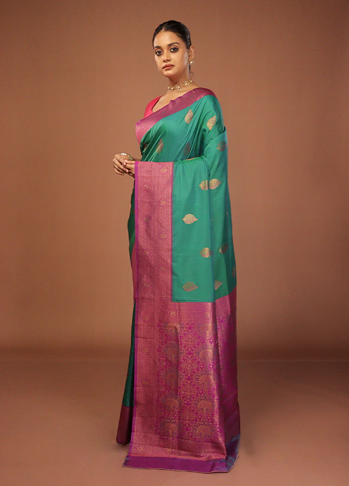 Green Dupion Silk Saree With Blouse Piece - Image 4