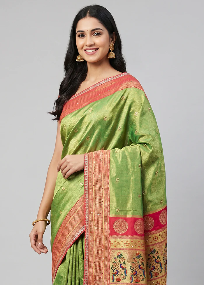 Green Dupion Silk Saree With Blouse Piece - Image 2