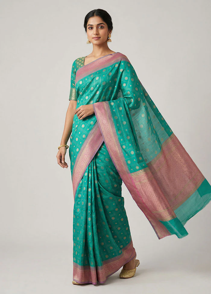 Green Dupion Silk Saree With Blouse Piece