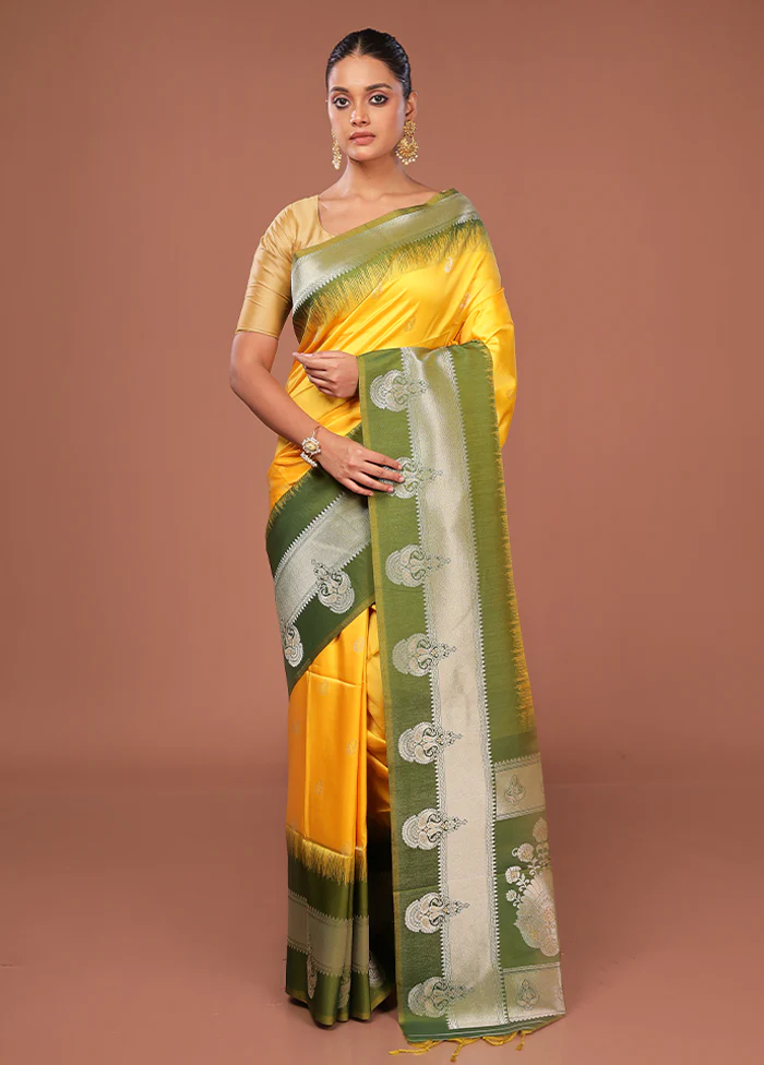 Yellow Dupion Silk Saree With Blouse Piece - Image 2