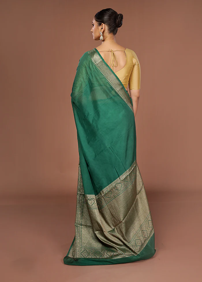 Green Dupion Silk Saree With Blouse Piece - Image 3