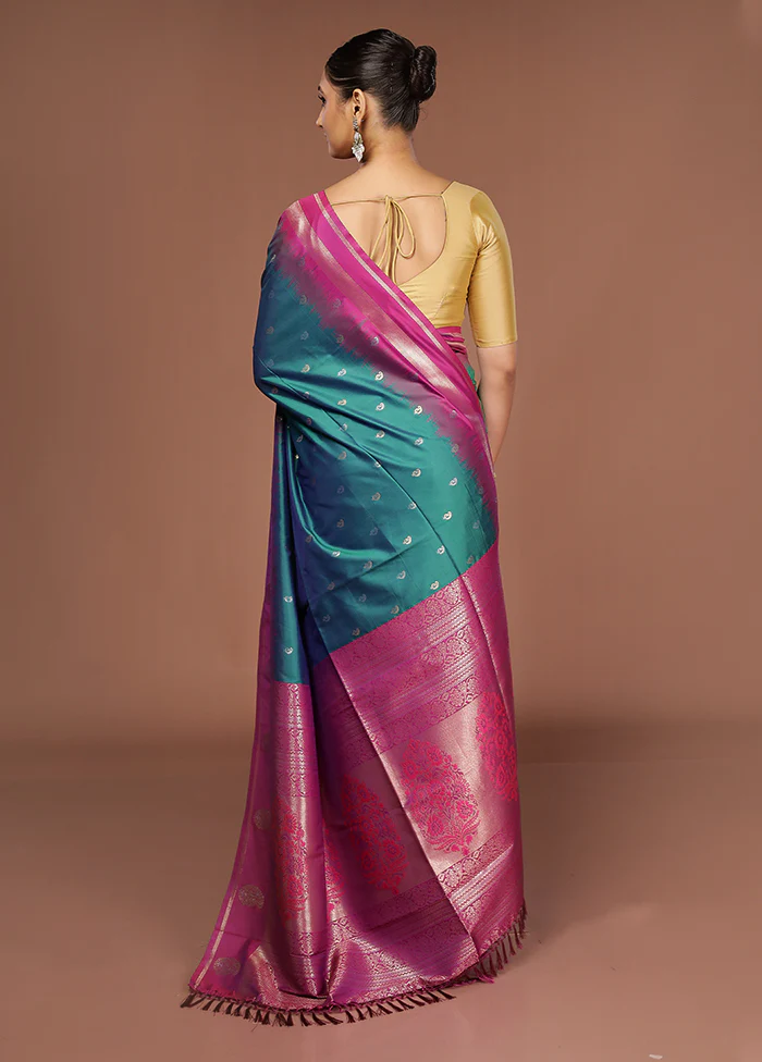 Green Dupion Silk Saree With Blouse Piece - Image 3
