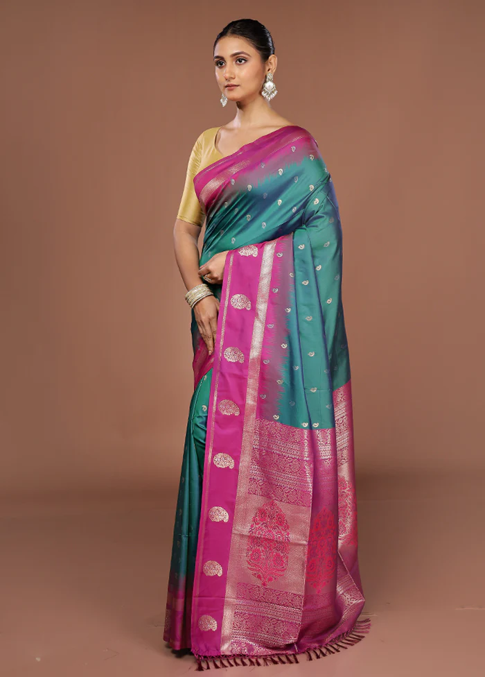 Green Dupion Silk Saree With Blouse Piece - Image 4