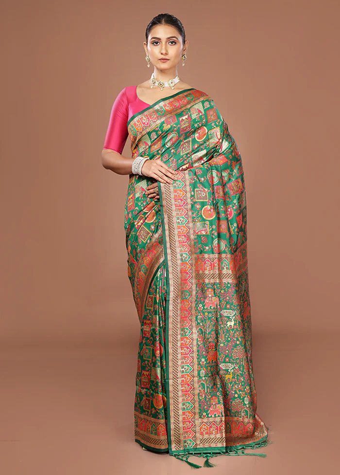 Green Dupion Silk Saree With Blouse Piece - Image 2