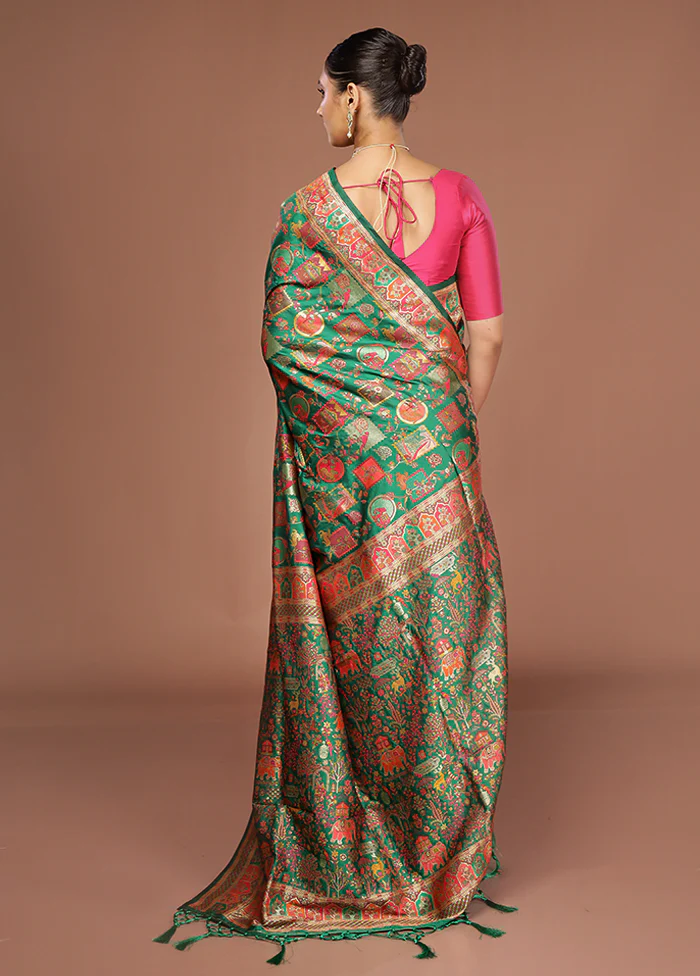 Green Dupion Silk Saree With Blouse Piece - Image 3