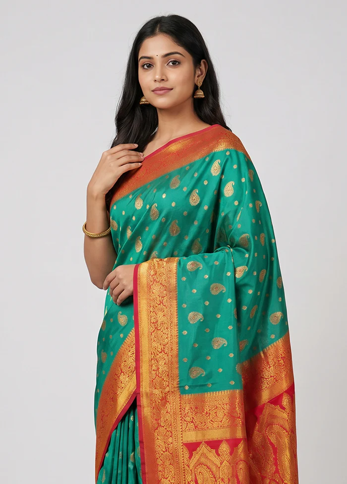 Green Dupion Silk Saree With Blouse Piece - Image 2