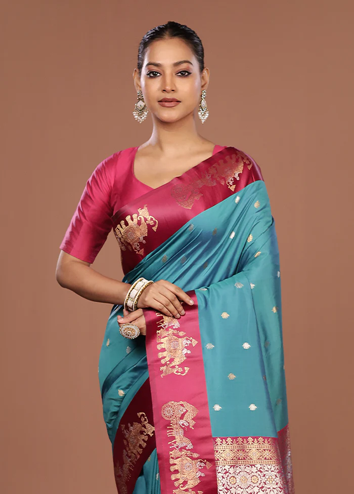 Blue Dupion Silk Saree With Blouse Piece