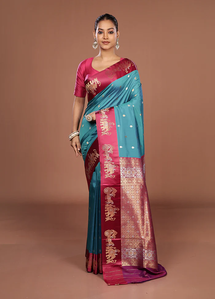 Blue Dupion Silk Saree With Blouse Piece - Image 2