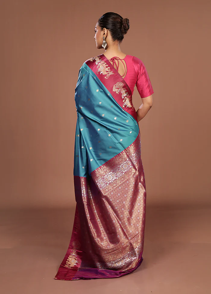 Blue Dupion Silk Saree With Blouse Piece - Image 3