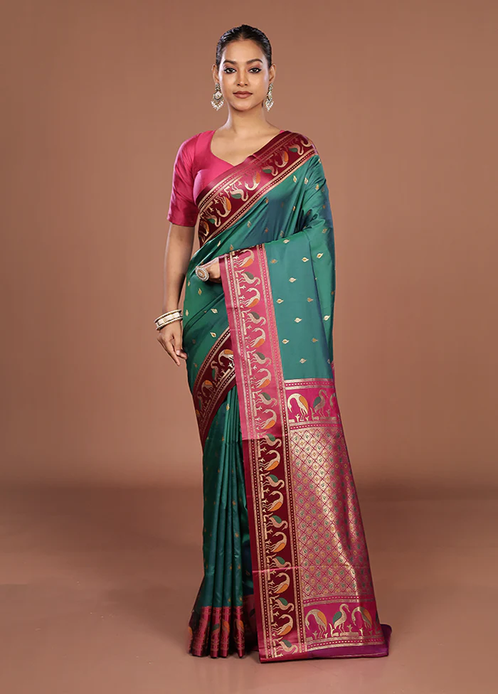 Green Dupion Silk Saree With Blouse Piece - Image 2