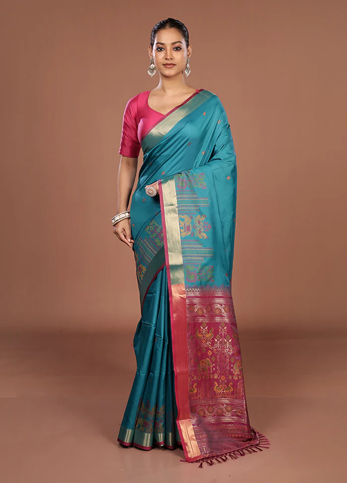Blue Dupion Silk Saree With Blouse Piece - Image 2