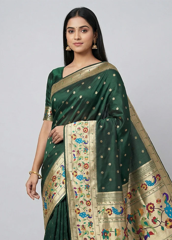 Green Dupion Silk Saree With Blouse Piece - Image 2