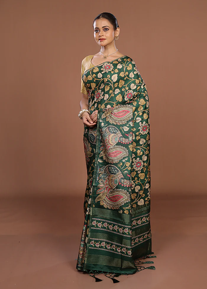 Green Dupion Silk Saree With Blouse Piece - Image 4