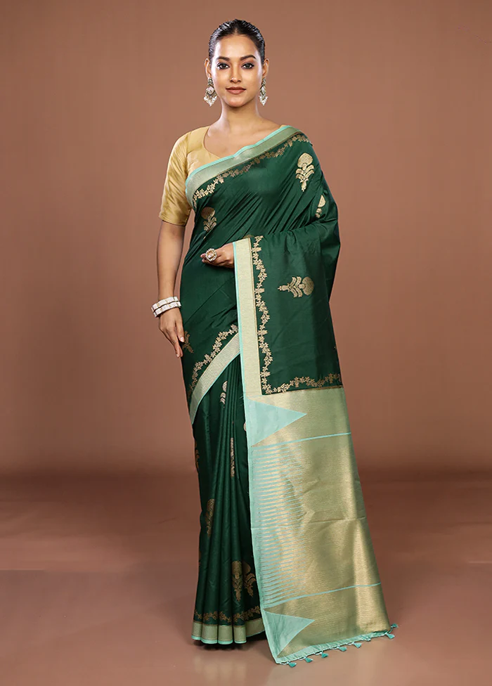 Green Dupion Silk Saree With Blouse Piece - Image 2