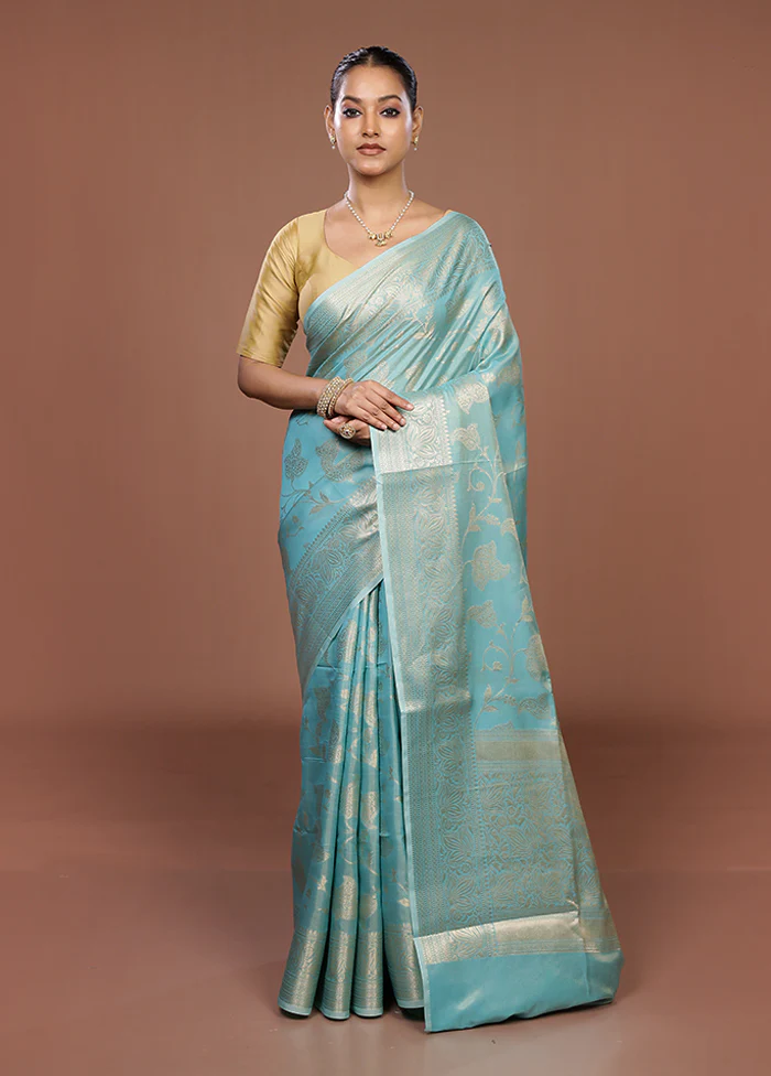 Blue Dupion Silk Saree With Blouse Piece - Image 2