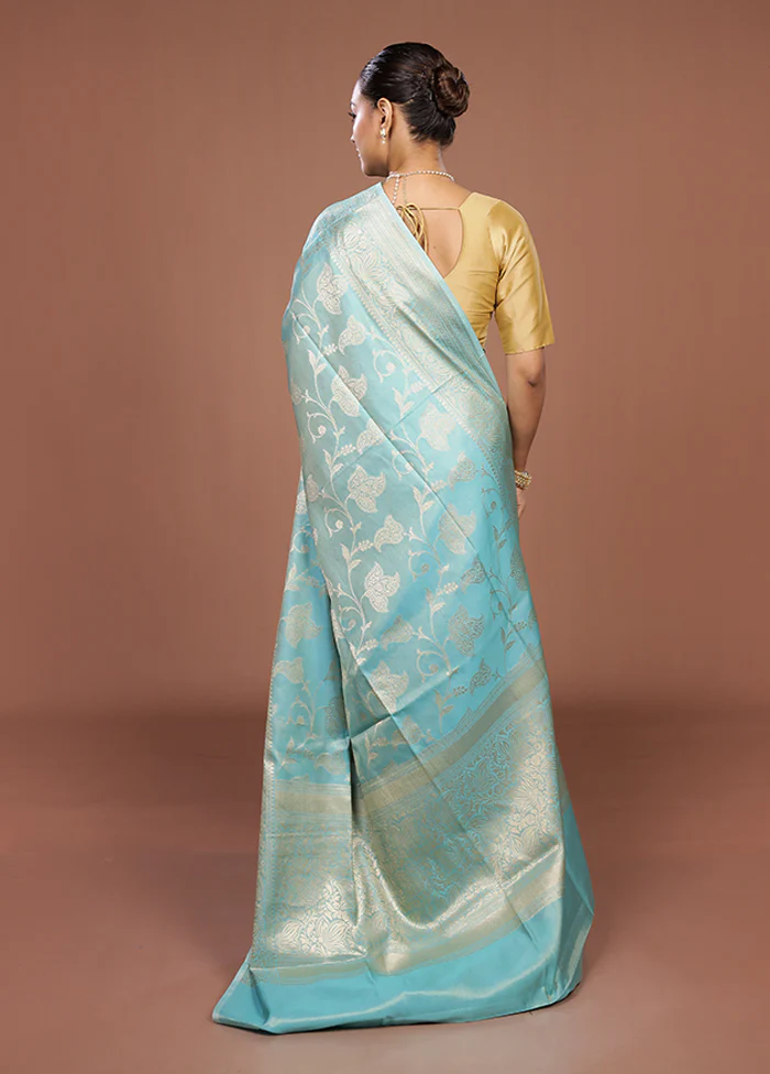 Blue Dupion Silk Saree With Blouse Piece - Image 3