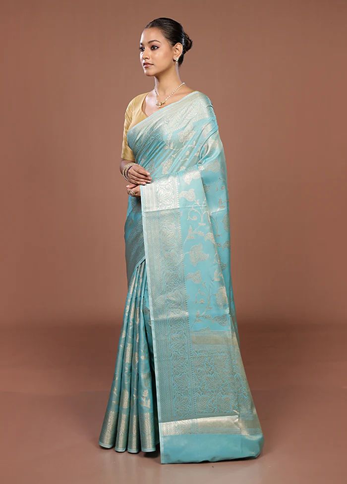 Blue Dupion Silk Saree With Blouse Piece - Image 4