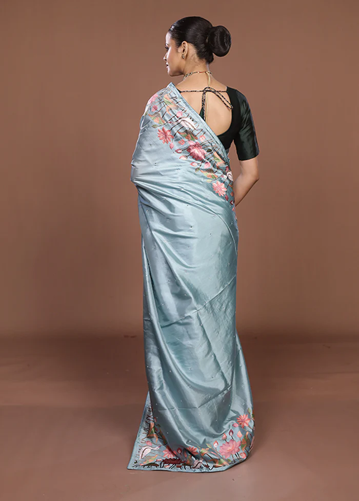 Green Dupion Silk Saree With Blouse Piece - Image 3